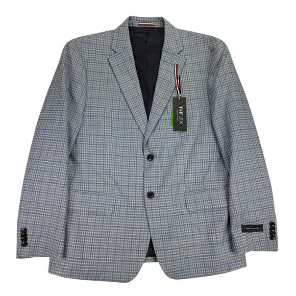 Tommy Hilfiger Mens TH Flex Modern Fit Check Plaid Sport Coat Blue Gray 42S - Picture 1 of 5